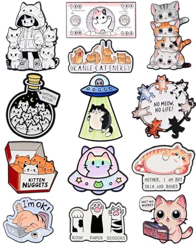 13 Pcs Cute Cat Enamel Pins Set, Funny Kawaii Kitty Lapel Pins with Rubber Backs, Collectible Animal Badges in Gift Box for Backpacks, Jackets, Hats, Tote Bags & Lanyards