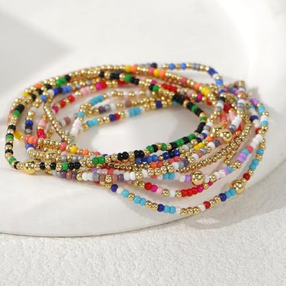 Dainty Gold Plated Beaded Bracelet Stack for Women,Handmade Bohemian Colorful Beads Stackable Stretch Bracelets Fashion Prom Jewelry Accessories Gift Friendship