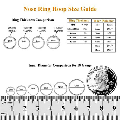 MissNity 20G, 18G, 16G, 14G Hinged Nose Rings Hoop with Gem in 316L Surgical Steel, Septum Clicker Cartilage Earrings Conch Daith Helix Rook Ear Lobe Piercing Jewelry, Diameter 6mm to 12mm - color: 08: Steel - Light pink CZ