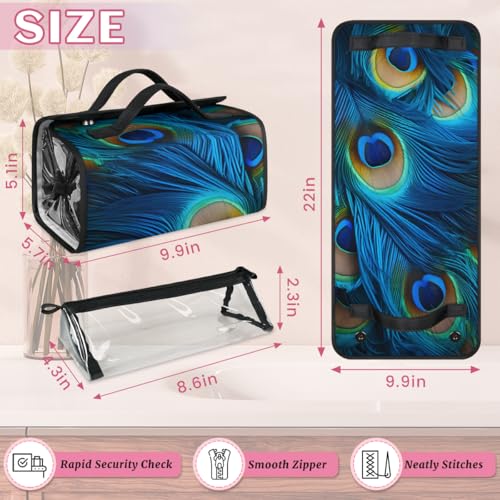 Blue Peacock Feathers Hanging Roll Up Cosmetic Bag with 4 Removable Storage Bags Waterproof Foldable Toiletry Kit for Women - color: Multicolor 5