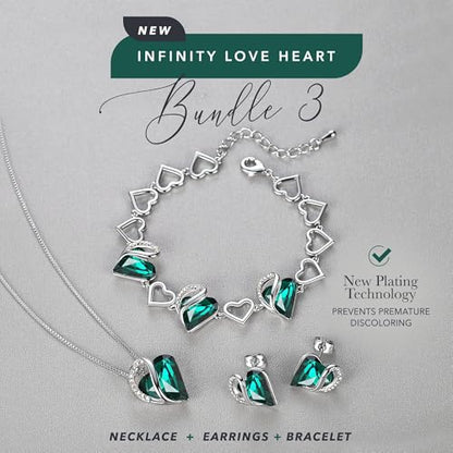 Leafael Necklace Gift Set for Women, Infinity Love Birthstone Heart Pendant with Matching Earrings and Bracelet, for Mom and Wife, Silver Plated - color: 05-Set-May-Emerald Green