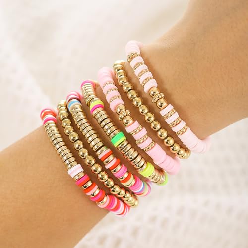Friendship Bracelets for Women - Heishi Surfer Colorful Smile Evil Eye Clay Beaded Stretch Bracelets Elastic Layering - Stackable Boho Disc Y2K Aesthetic Summer Jewelry Set. - color: HEISHI-7PC PINK