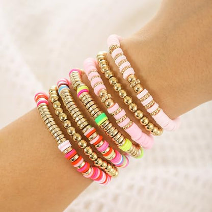 Friendship Bracelets for Women - Heishi Surfer Colorful Smile Evil Eye Clay Beaded Stretch Bracelets Elastic Layering - Stackable Boho Disc Y2K Aesthetic Summer Jewelry Set. - color: HEISHI-7PC PINK