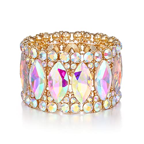 BriLove Wedding Bridal Gorgeous Crystal Stretch Bangle Bracelets for Women | Shiny Double Row Rhinestones Marquise Cluster,for Bride Bridesmaid,Prom Party Jewelry Accessories - color: 04-Iridescent AB Gold-Plated-Base