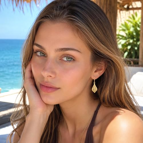 BOUTIQUELOVIN Filigree Dangle Earrings for Women Drop Earings | 14K Gold Plated Geometric Dangling Leverback Earrings Silver Hypoallergenic Dangly Earings Lightweight Daily Jewelry Gifts - color: C-14K Gold