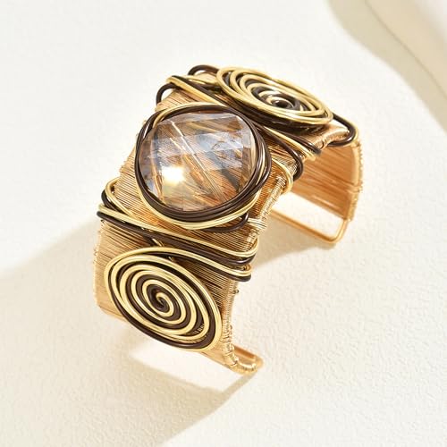 CJIAYUJEW Chunky Gold Cuff Bracelets for Women Exaggerated Geometric Leaf Open Wide Bracelets Trendy Retro Adjustable Party Jewelry Accessaries - color: round