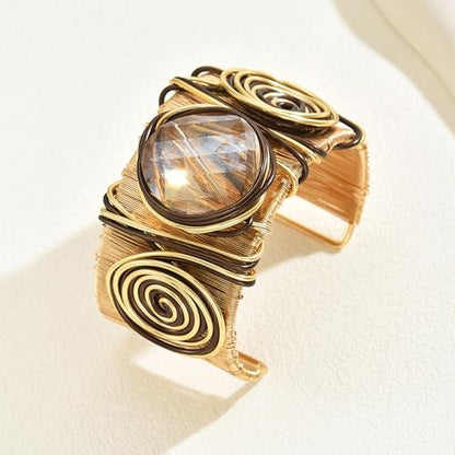 CJIAYUJEW Chunky Gold Cuff Bracelets for Women Exaggerated Geometric Leaf Open Wide Bracelets Trendy Retro Adjustable Party Jewelry Accessaries - color: round
