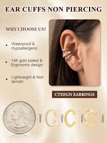 14K Gold/Silver Plated Ear Cuffs Non Piercing Set Clip On Dainty | Non Pierced Ear Cuff, Stackable Small Cartilage Hoop Huggie Set, Tarnish Resistant Hypoallergenic Trendy Jewelry Gift - style: gold style 14