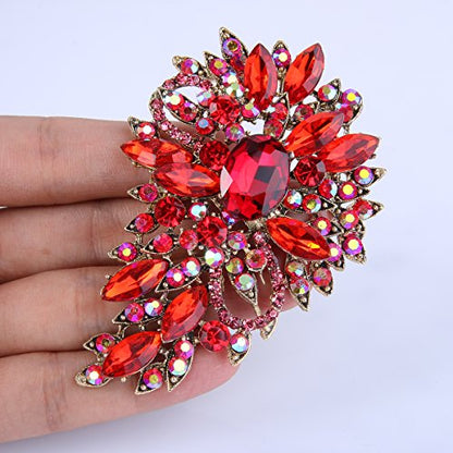 EVER FAITH Women's Austrian Crystal Wedding Flower Leaf Bouquet Brooch - color: Red