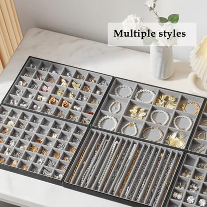 Large Jewelry Organizer Tray, Stackable Jewelry Storage Holder PU Leather Velvet Jewellery Display Case for Stud Earring Bracelet Necklace Ring (Black Gray, 24 Grids) - color: Black Gray