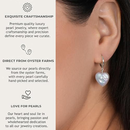 LILY LUSTRE 14k Gold Plated/Filled 925 Sterling Silver Handpicked AAAA Quality Natural White Freshwater Cultured Heart Shaped Pearl Huggie Hoop/Leverback Drop Dangle Earrings for Women - color: Silver Hoop