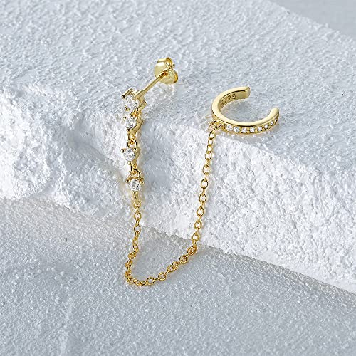 Crystal Ear Cuff Tassel Cartilage Stud Earring for Women Girls 925 Sterling Silver CZ Clip On Huggie Hoops Climber Crawler Long Chain Dangle Drop Hypoallergenic Earrings Fashion 1 Pcs Jewelry Gifts Birthday - color: Gold