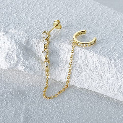 Crystal Ear Cuff Tassel Cartilage Stud Earring for Women Girls 925 Sterling Silver CZ Clip On Huggie Hoops Climber Crawler Long Chain Dangle Drop Hypoallergenic Earrings Fashion 1 Pcs Jewelry Gifts Birthday - color: Gold