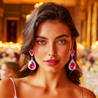 Unicra Silver Rhinestone Teardrop Earrings Crystal Wedding Bridal Dangle Earrings Prom Drop Earrings for Women and Brides - color: Hot Red
