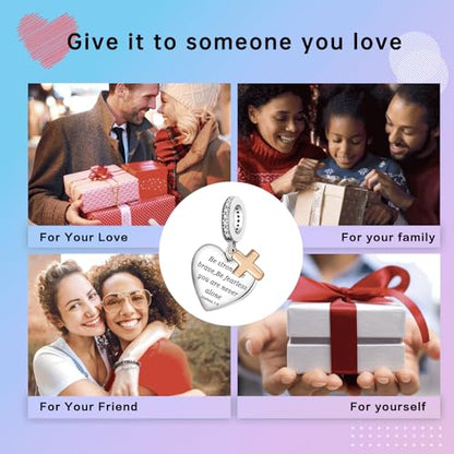 LUXILLA Love You Best Friend Grandma Wife Heart Charm 925 Sterling Silver Charms Fit for Bracelets Necklace Jewelry Gift for Women - color: Be Strong, Be Brave Cross Charm