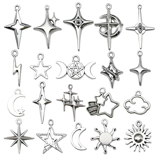 40Pcs Celestial Charm Set Stainless Steel Vintage Antique Silver Moon Star Sun Pendants for DIY Jewelry Making Necklaces Earrings Bracelets Boho Craft Supplies