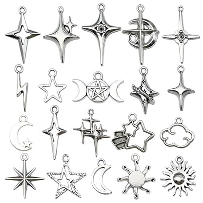 40Pcs Celestial Charm Set Stainless Steel Vintage Antique Silver Moon Star Sun Pendants for DIY Jewelry Making Necklaces Earrings Bracelets Boho Craft Supplies