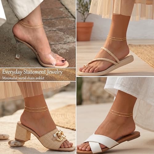 Dainty Gold Ankle Bracelets for Women Waterproof | Non Tarnish 14K Gold Plated Beaded Anklets, Layered Summer Beach Jewelry Gifts, Bikini Outfits for Vacation