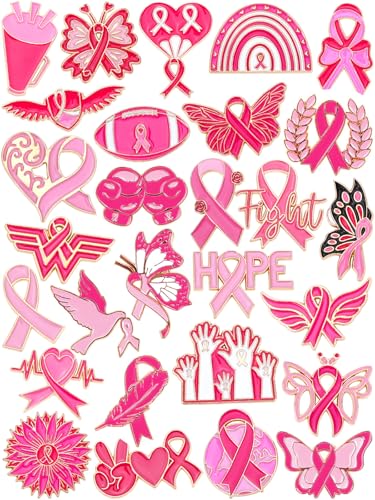 JUNEBRUSHS 28pcs Breast Cancer Awareness Enamel Pins Pink Ribbon Butterfly Lapel Pins for Breast Cancer Awareness Party Survivor Charity Event Favors Women Girls Clothes Decor Accessories - style: Breast Cancer Awareness Style