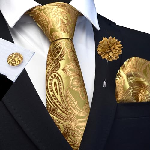 GUSLESON Paisley Tie Set for Men 3.15" Necktie Lapel Pin Hankerchief Cufflinks Set for Men - color: Gold