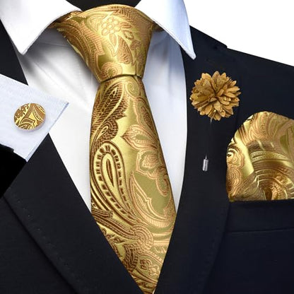 GUSLESON Paisley Tie Set for Men 3.15" Necktie Lapel Pin Hankerchief Cufflinks Set for Men - color: Gold