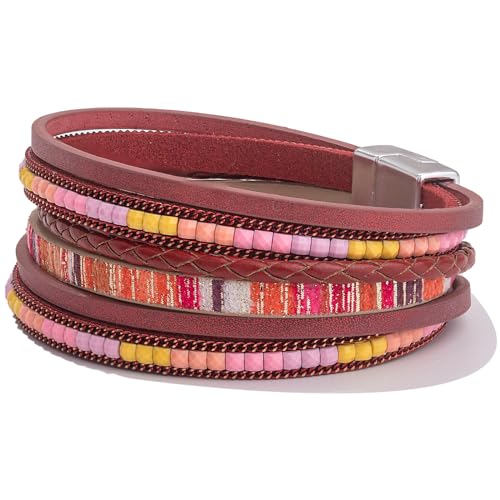 Boho Layered Leather Wrap Bracelets Chunky Western Country Hippie Jewelry | Stackable Bohemian Cowgirl Magnetic Clasp Cuff Bangle Set Fashion Stack Statement Festival Trendy Jewelry Gifts for Women - color: Burgundy