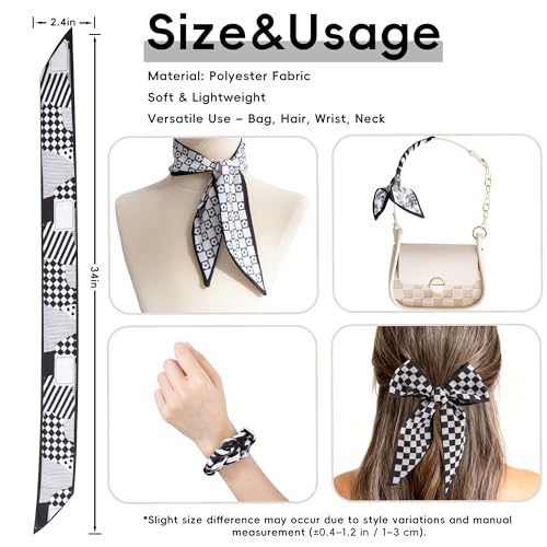 ZXZH 6 Pack Fashion Scarves for Women, Versatile Boho Head Scarf | Satin Scarf for Hair, Neck, Wrist, and Purse Accessories - color: Black & White Check