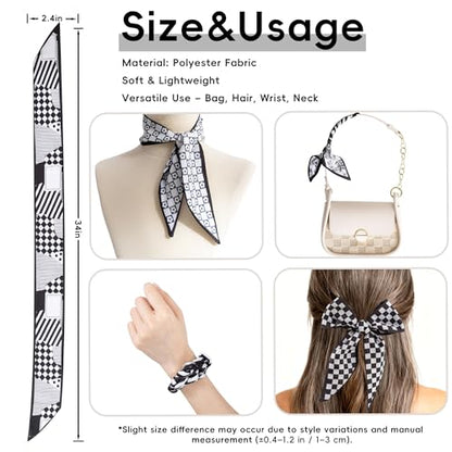 ZXZH 6 Pack Fashion Scarves for Women, Versatile Boho Head Scarf | Satin Scarf for Hair, Neck, Wrist, and Purse Accessories - color: Black & White Check