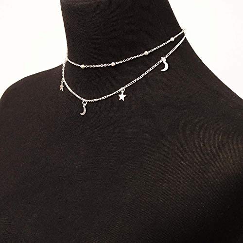 BaubleStar Star Moon Charm Necklace Layering Chain Choker for Women - color: Silver