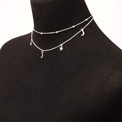 BaubleStar Star Moon Charm Necklace Layering Chain Choker for Women - color: Silver