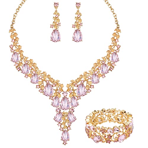 CSY Elegant Crystal Costume Jewelry Sets Flower Bridal Necklace Earrings Stretch Bangle Set for Bride Bridesmaid Wedding Dress Accessories - color: pink crystal