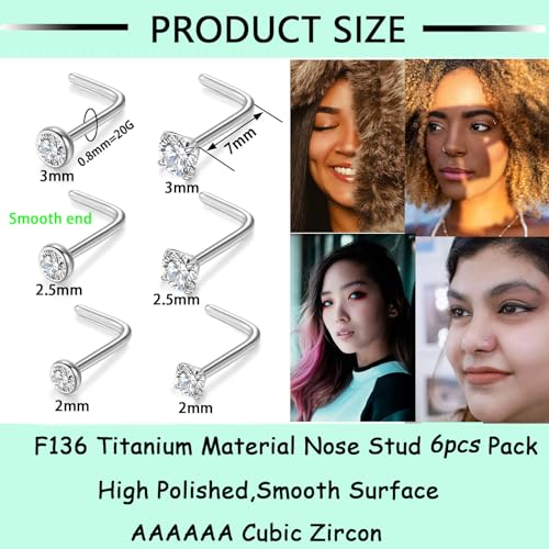 Gotumo 20G Nose Rings Titanium Nose Studs Cubic Zirconia Straight Nose Piercing Jewelry Hypoallergenic Nose Rings Studs for Women Men 6pcs set Silver - color: Silver, size: 20G L Shaped 6pcs