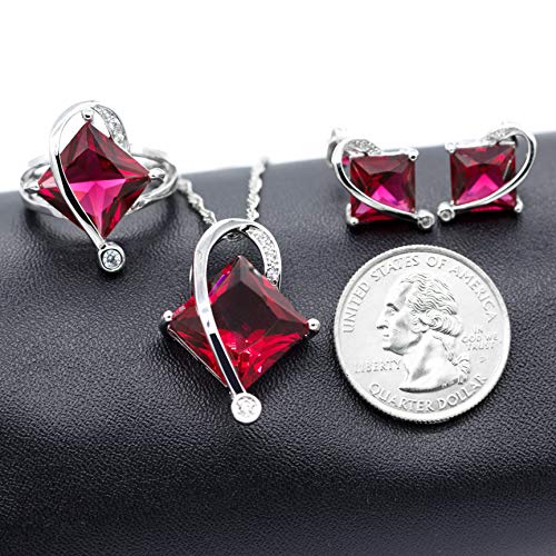 Uloveido Charm Created Topaz Big Square Crystal Necklace Matching Stud Earrings Rings Jewelry Set T295 - color: Red