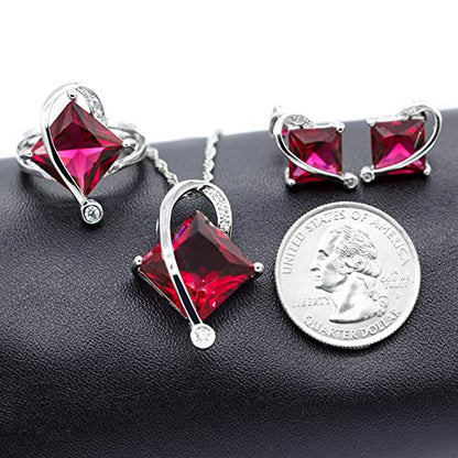 Uloveido Charm Created Topaz Big Square Crystal Necklace Matching Stud Earrings Rings Jewelry Set T295 - color: Red