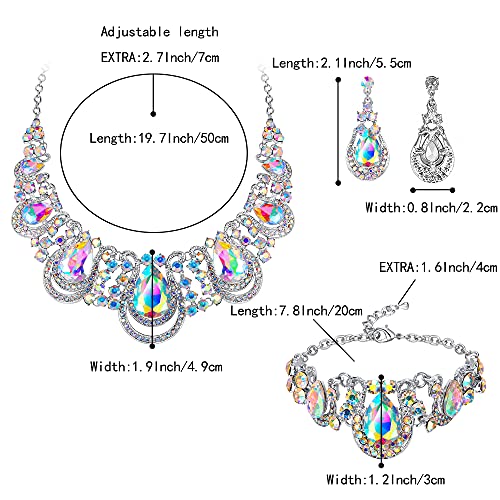 BriLove Women's Teardrop Crystal Statement Necklace Cluster Hollow Dangle Earrings Chain Bracelet Bib Jewellery Set for Wedding Bride Bridesmaid - color: Iridescent AB Color Silver-Tone