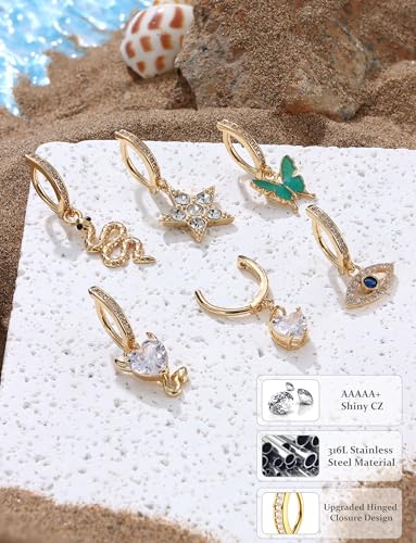 JOERICA 6 Pcs 14G Clicker Belly Button Ring for Women 316L Surgical Steel Butterfly Snake Evil Eye Heart CZ Opal Dangle Belly Button Rings Simple Reverse Navel Rings Body Belly Piercing Jewelry - color: Gold Tone A