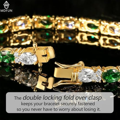 MDFUN 18K White/Yellow Gold Plated Green/Blue 5 * 7MM Oval 5A+ Cubic Zirconia Tennis Bracelet for Women Birthstone Jewelry Gift 6.5-8.5 inch - color: 18K Yellow Gold -Green