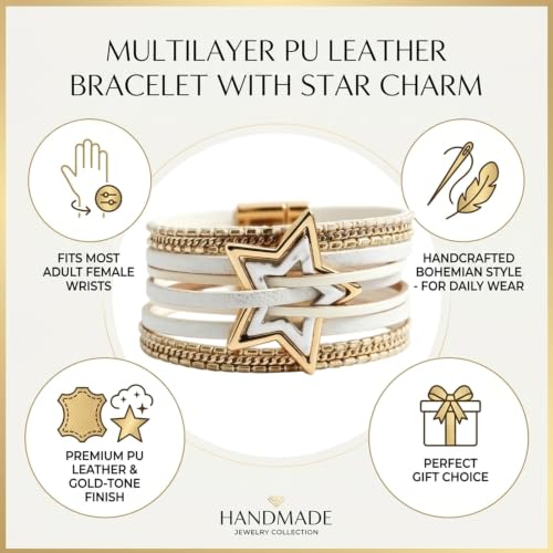 Leather Wrap Bracelets for Women Boho Layered Cuff Bracelets Bling Bohemian Jewelry - color: Gold White