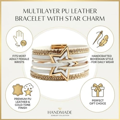 Leather Wrap Bracelets for Women Boho Layered Cuff Bracelets Bling Bohemian Jewelry - color: Gold White