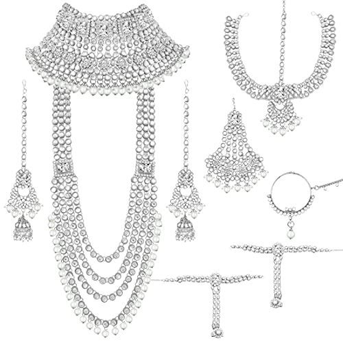 Aheli Traditional Wedding Indian Bharatanatyam jewellery set Long Choker Necklace Earrings Maang Tikka Nath Paasa Hath Phool for Women - color: Rhodium White