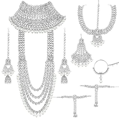 Aheli Traditional Wedding Indian Bharatanatyam jewellery set Long Choker Necklace Earrings Maang Tikka Nath Paasa Hath Phool for Women - color: Rhodium White