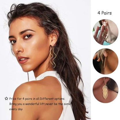 18k Gold Plated Dangle Earrings Set Metal Geometric Bar Earrings Long Leaves Tassel Threader Earrings Set For Women (4PC)