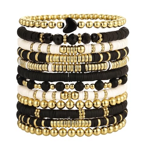 iF YOU 13pcs Boho Brown Gold Beaded Stretch Bracelets for Women, Heishi Clay Surfer Stackable Bracelet Stacks Summer Beach Jewelry - style: White & Black Clay Bracelets