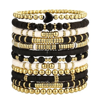 iF YOU 13pcs Boho Brown Gold Beaded Stretch Bracelets for Women, Heishi Clay Surfer Stackable Bracelet Stacks Summer Beach Jewelry - style: White & Black Clay Bracelets