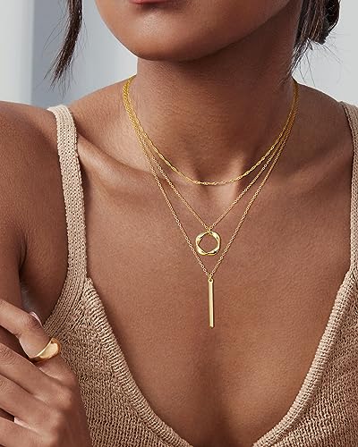 14K Gold Silver Plated Layered Necklaces for Women Trendy | Necklaces for Women Trendy, Stackable Dainty Chain Necklace, Beach Cute Fashion Pendant Choker Necklace, Jewelry Set Gifts - color: 3PCS / Bar & Twisted Circle & Wave