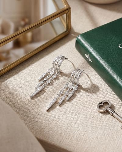 Gold Earrings for Women Trendy 14K Gold Plated Dangle Earrings Small Hoop Huggie Drop Stud Earrings Cubic Zirconia Simple Minimalist Dainty Chain Tassel Hypoallergenic Earrings - color: Tassel & Silver