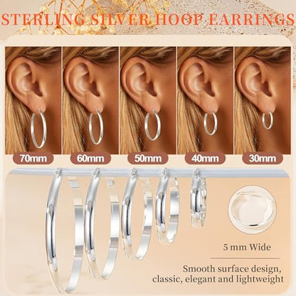 Apsvo Hoop Earrings for Women, 5mm Wide 14K Gold Plated/Silver Hoop Earring Hypoallergenic 925 Sterling Silver Earrings Lightweight Large Earrings for Women - color: Silver&70mm