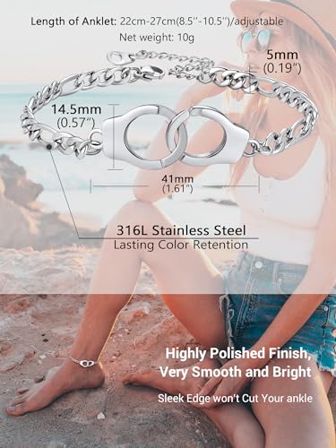 PROSTEEL Trendy Handcuffs Design/Customize Words Ankle Bracelet For Women, 316L Stainless Steel Anklets Silver/Gold/Black Tone, Hypoallergenic, Come with Box - style: 01 Handcuffs Anklet(8.5"-10.5")-Elegant Silver