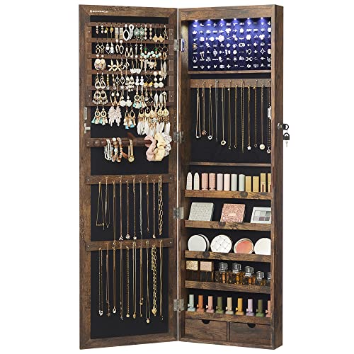 SONGMICS 6 LEDs Mirror Jewelry Cabinet, 47.2-Inch Tall Lockable Wall or Door Mounted Jewelry Armoire Organizer with Mirror, 2 Drawers, 3.9 x 14.6 x 47.2 Inches, Rustic Brown UJJC93CB - color: Rustic Brown, size: 47.2"H