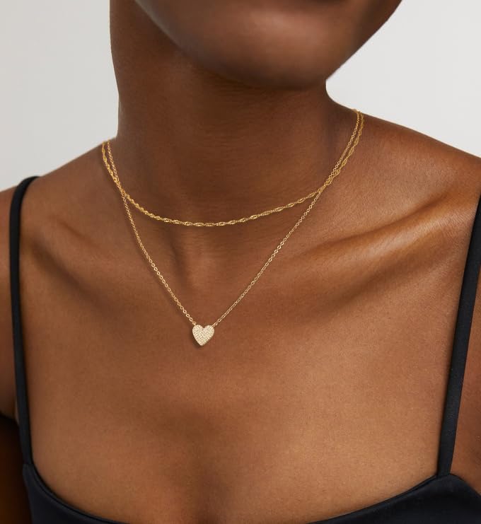 Gold Layered Necklaces for Women, 14K Gold Plated Paperclip Snake Chain Necklace Set, Dainty Coin Cross Tear Pendant Layering Choker Necklaces, Simple Trendy Stackable Jewelry Gifts - color: Diamond Heart Necklace